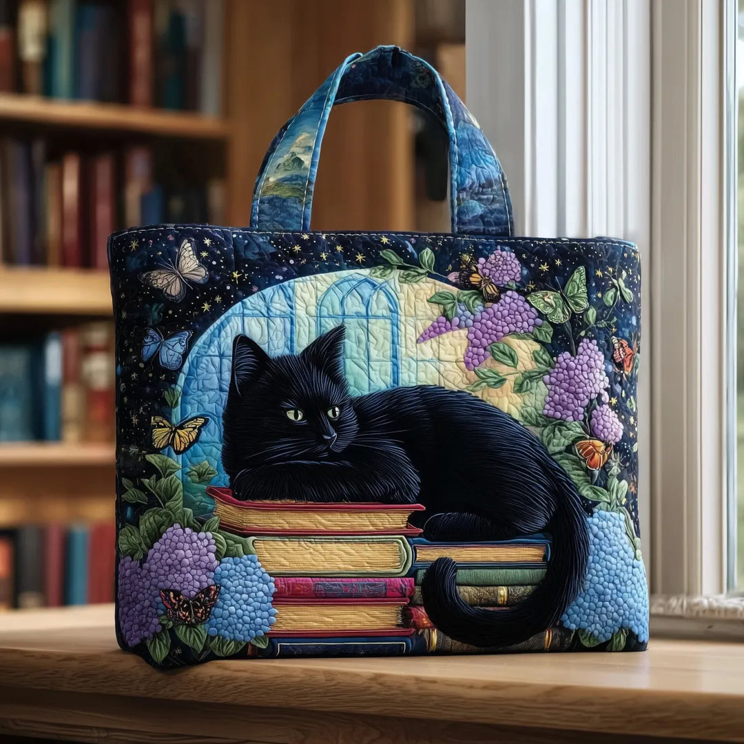 Handcrafted Tote Bag – Black Cat on Books