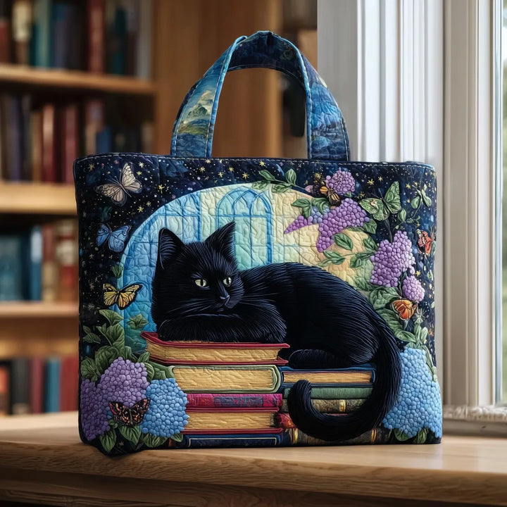 Handcrafted Tote Bag – Black Cat on Books
