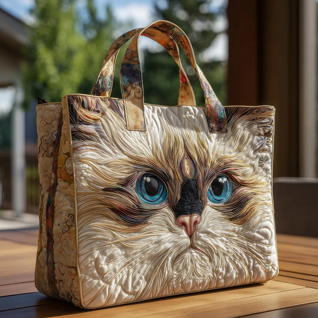 Handcrafted Tote Bag – White Cat with Blue Ey