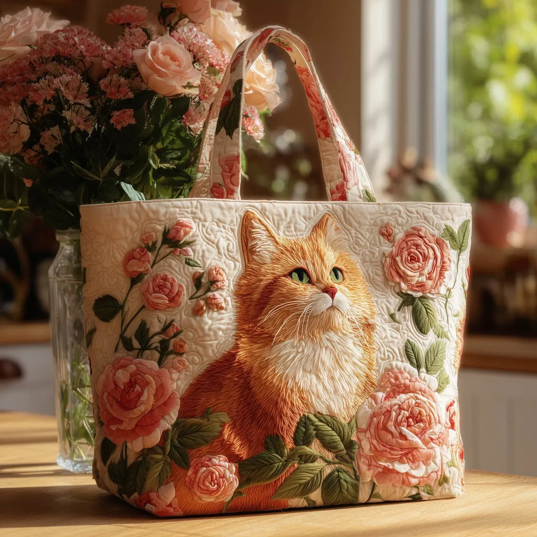 Handcrafted Tote Bag – Ginger Cat with Roses