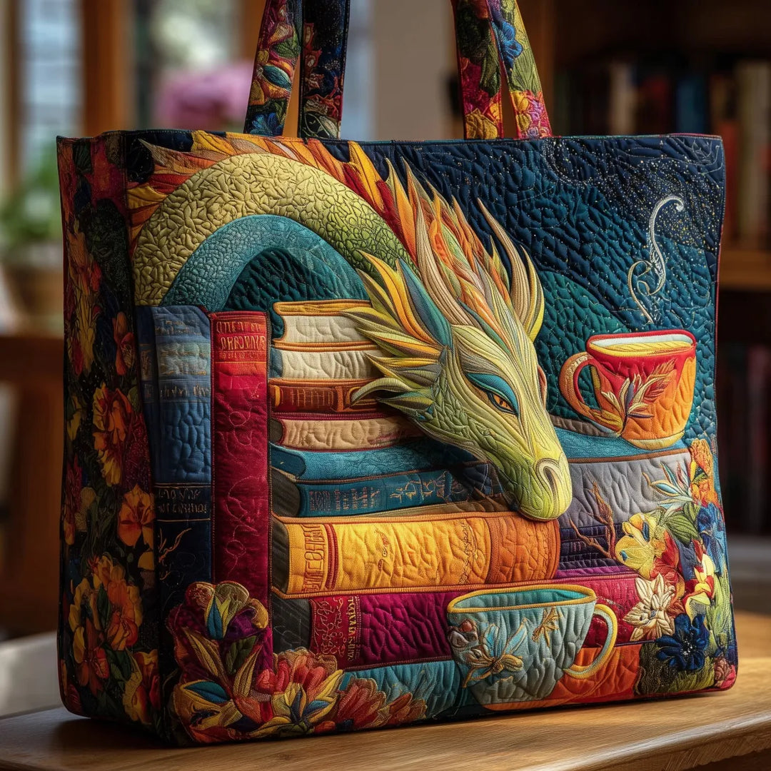 Handcrafted Tote Bag – Dragon Reading Books with Mugs
