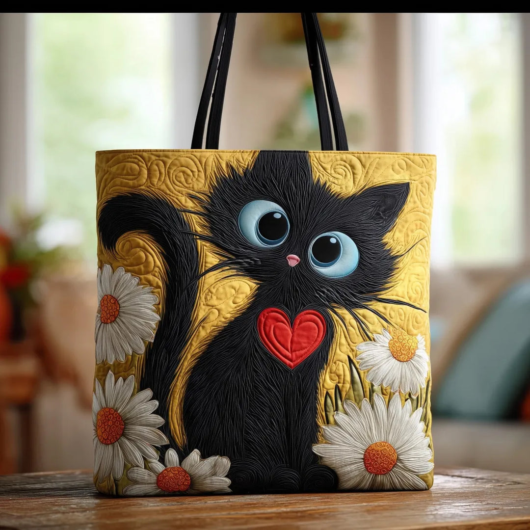 Handcrafted Tote Bag – Black Cat with Daisies