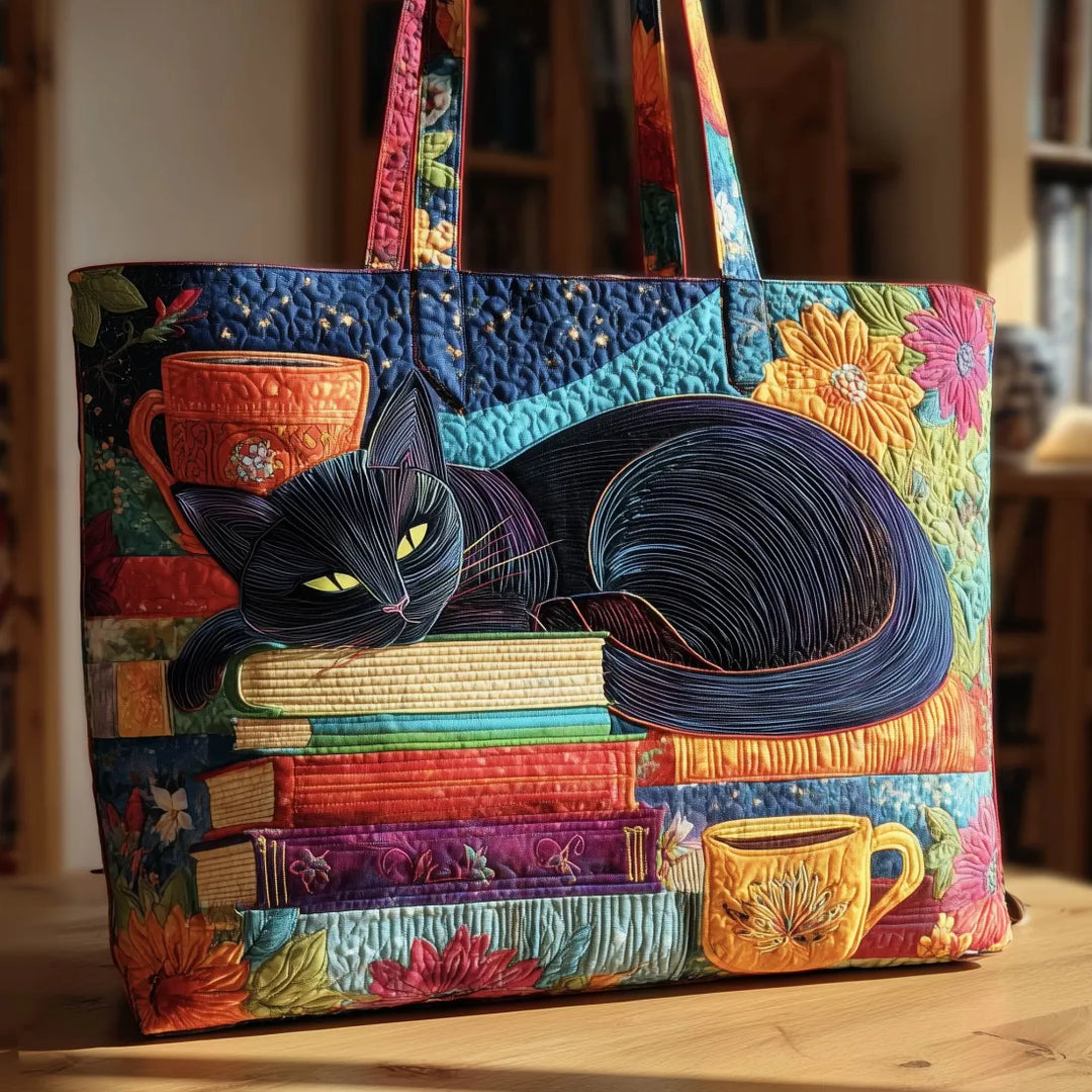 Handcrafted Tote Bag – Black Cat with Books and Mugs