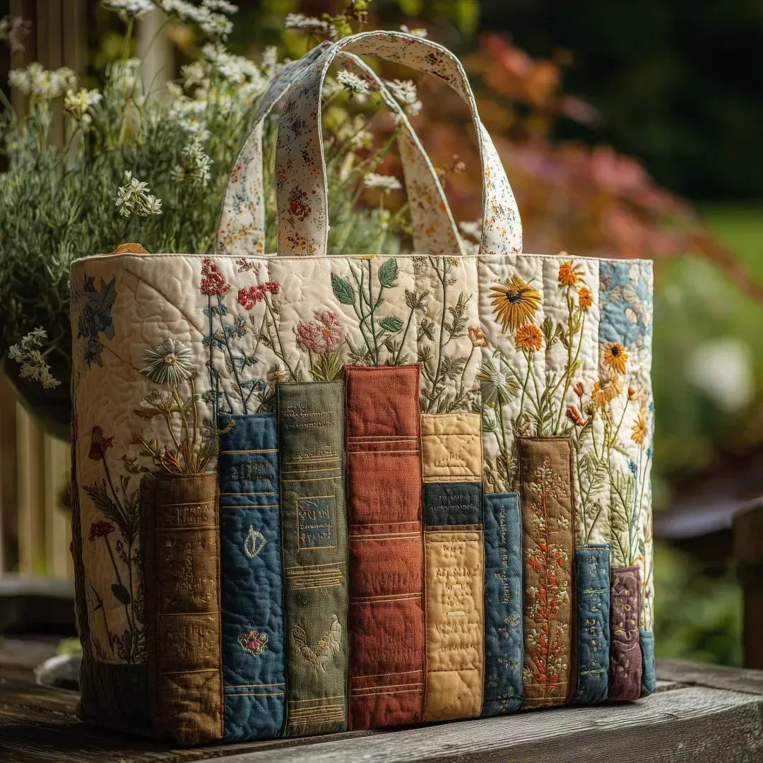 Handcrafted Quilted Tote Bag – Books and Flowers