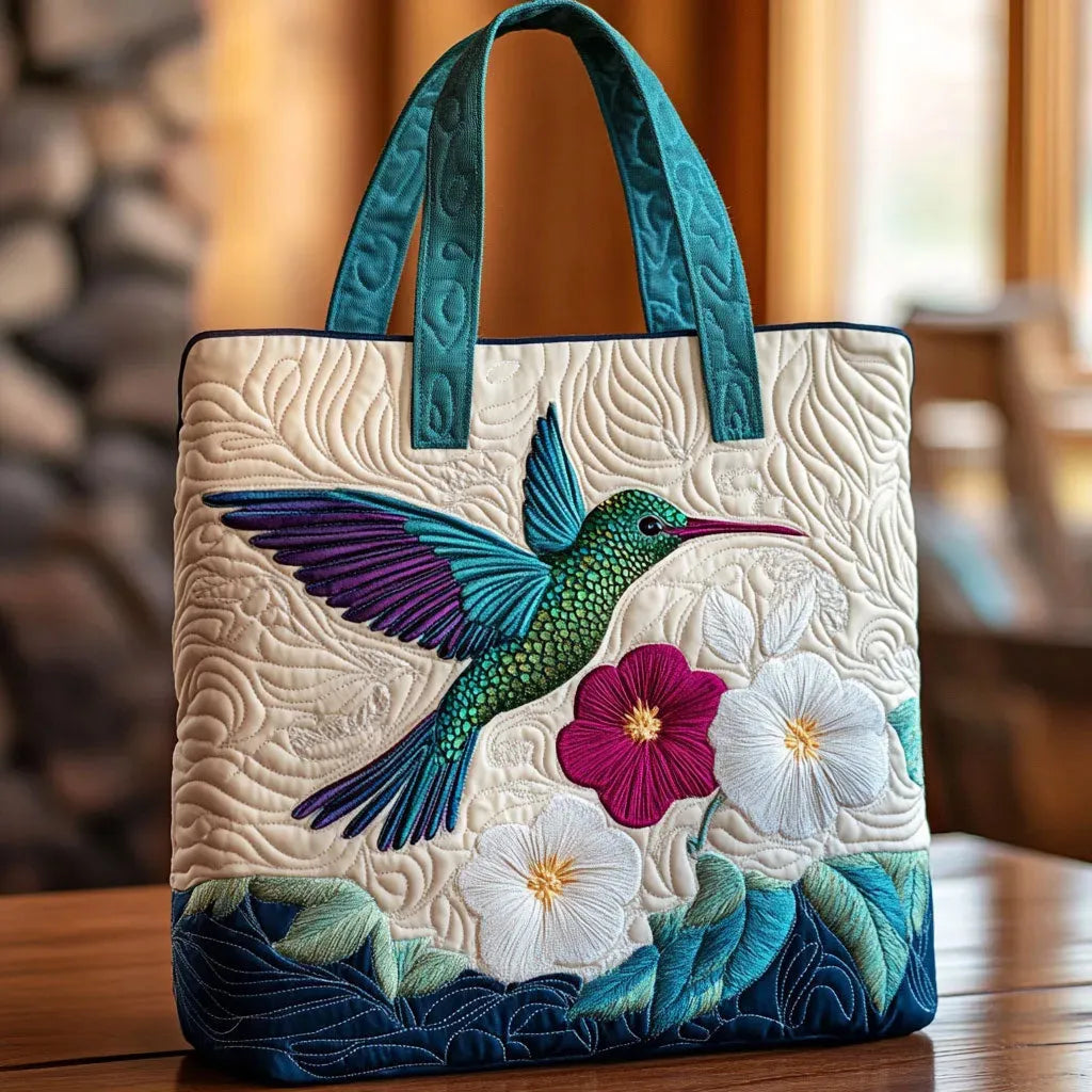 Quilted Tote Bag – Hummingbird and White Flower