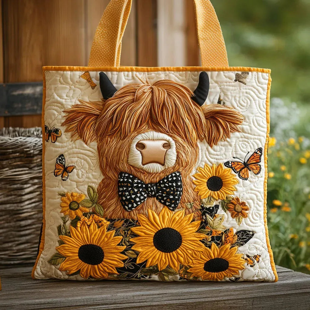 Quilted Tote Bag – Highland Cow with Sunflowers