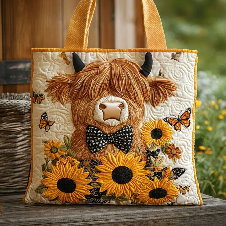 Quilted Tote Bag – Highland Cow with Sunflowers