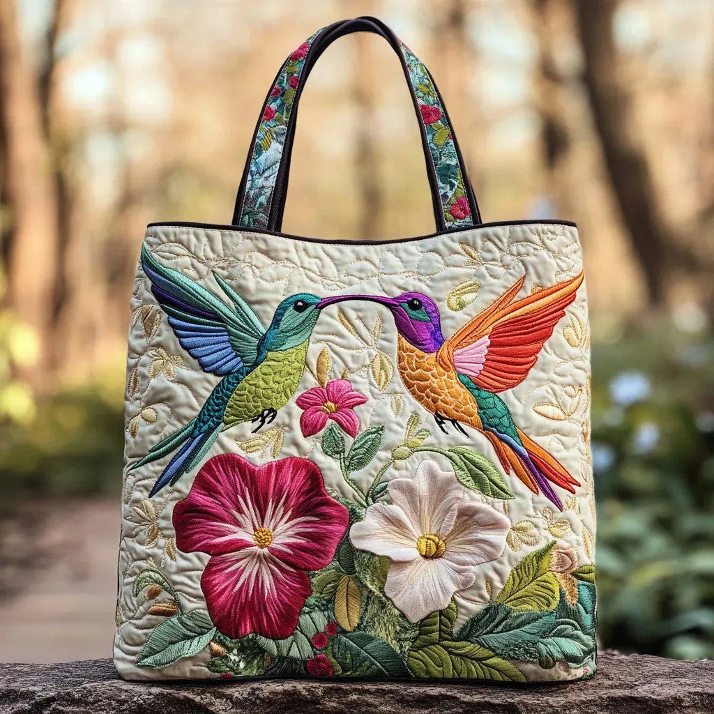 Quilted Tote Bag – Hummingbird and White Flowers