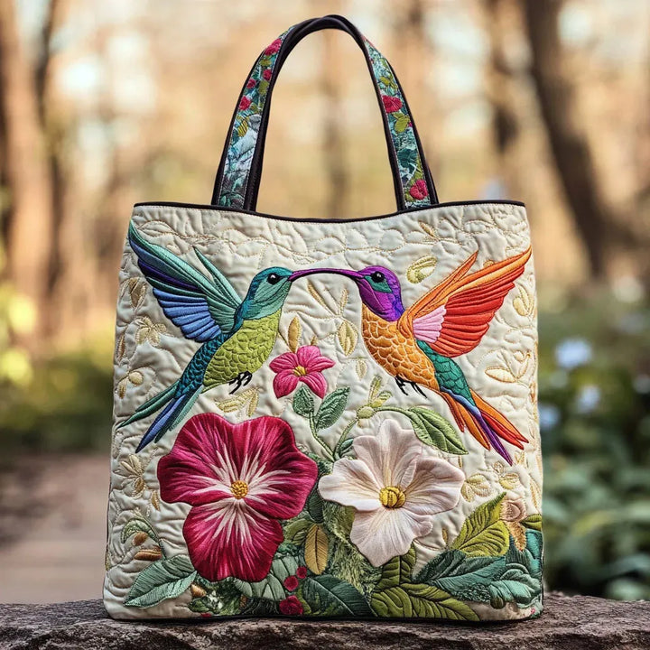 Quilted Tote Bag – Hummingbird and White Flowers