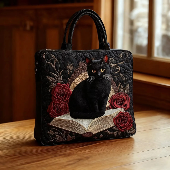 Handcrafted Quilted Tote Bag – Black Cat on Books