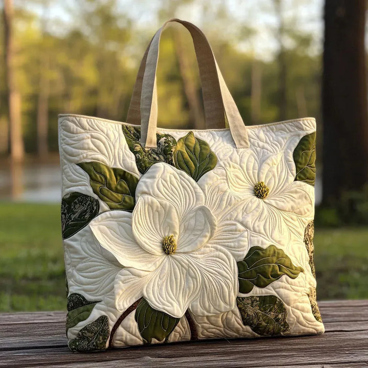 Handcrafted Quilted Tote Bag – Elegant White Lilies
