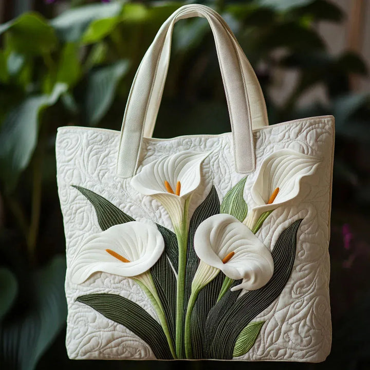 Handcrafted Quilted Tote Bag – White Lilies