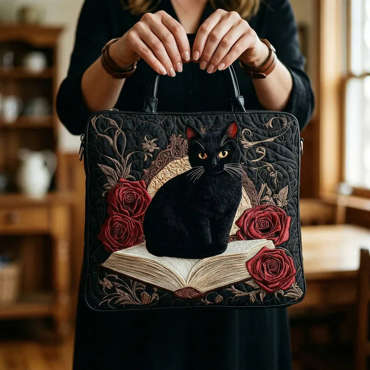Handcrafted Quilted Tote Bag – Black Cat on Books