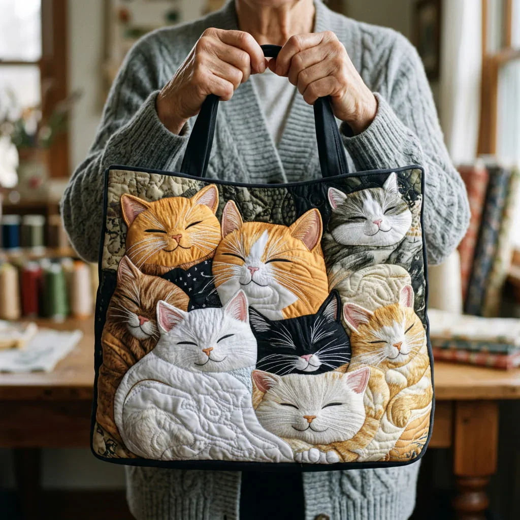 Handcrafted Quilted Tote Bag – Sleeping Kittens