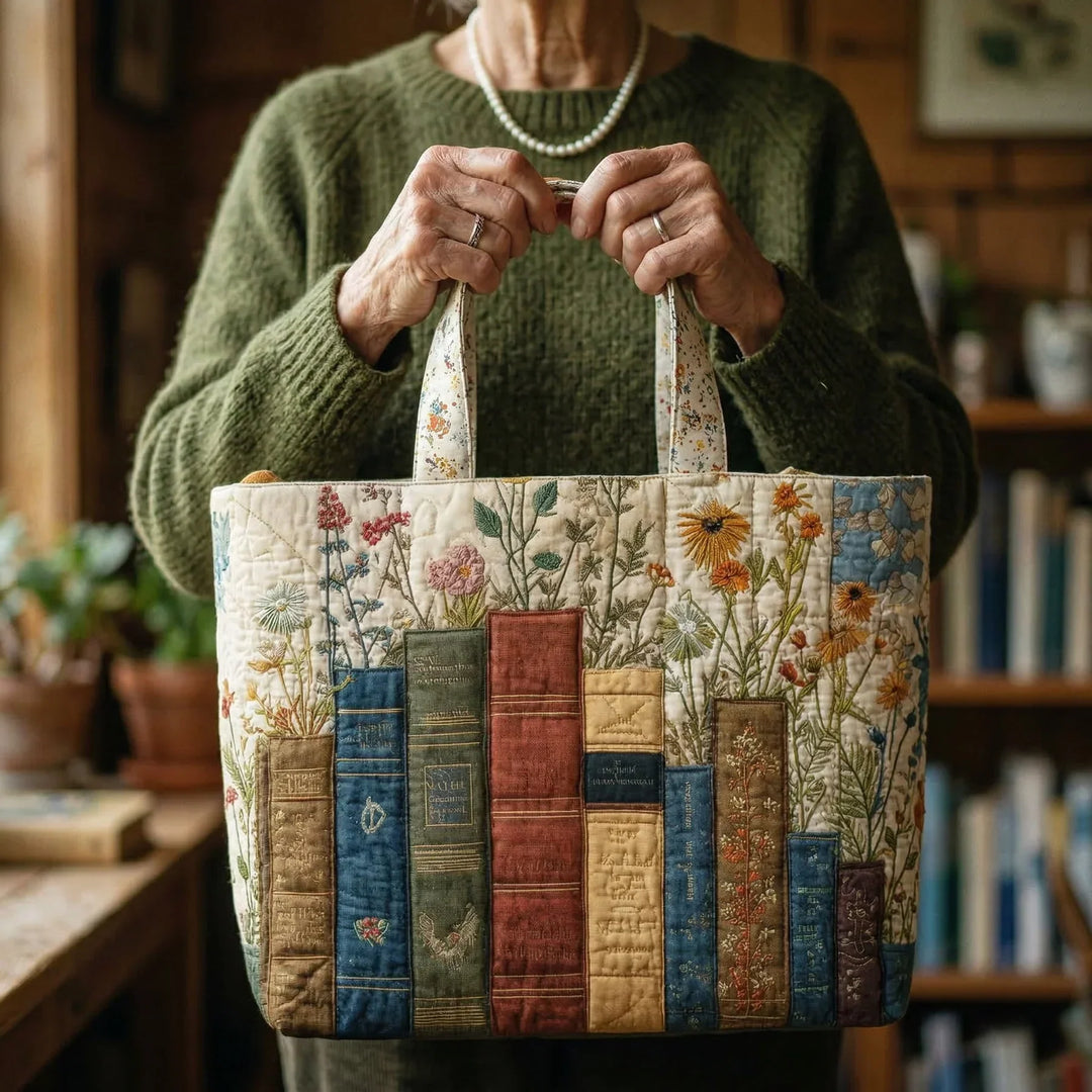 Handcrafted Quilted Tote Bag – Books and Flowers