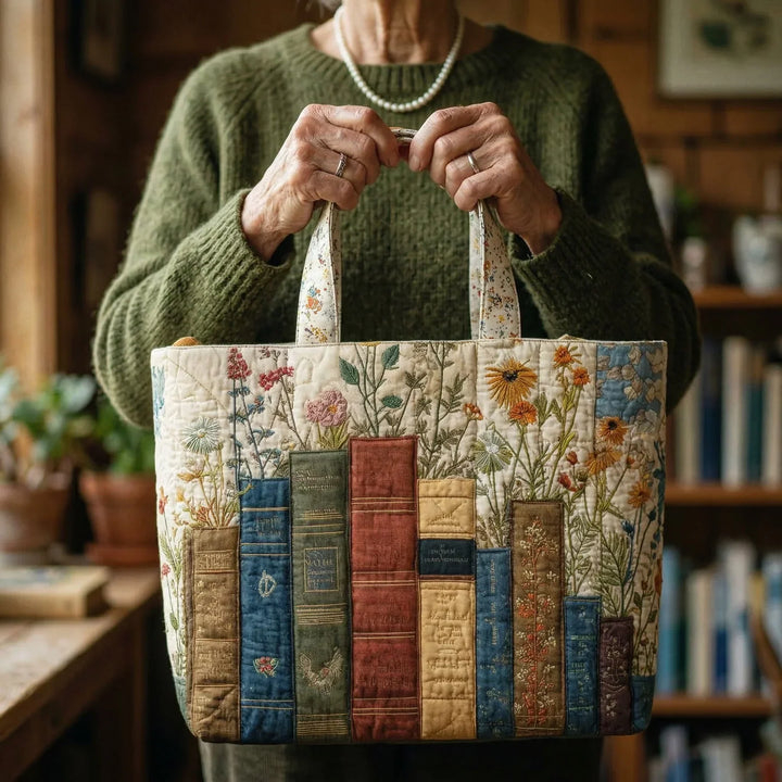 Handcrafted Quilted Tote Bag – Books and Flowers