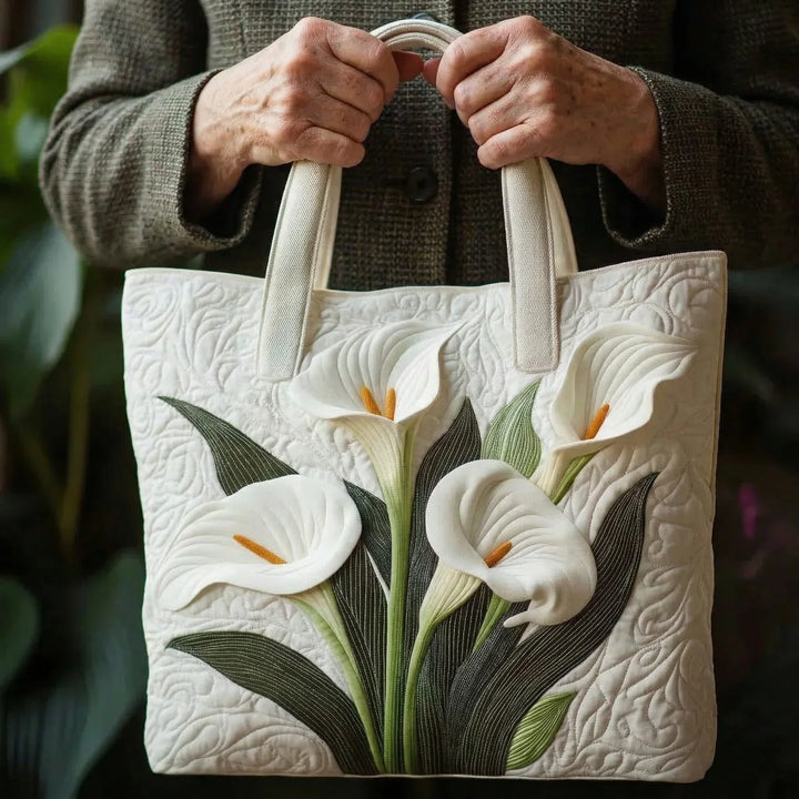 Handcrafted Quilted Tote Bag – White Lilies