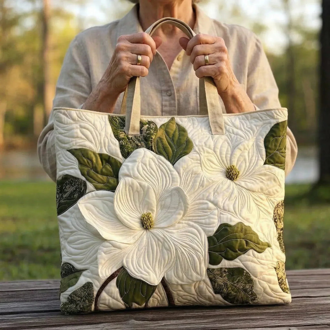 Handcrafted Quilted Tote Bag – Elegant White Lilies