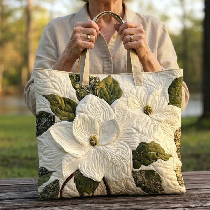 Handcrafted Quilted Tote Bag – Elegant White Lilies