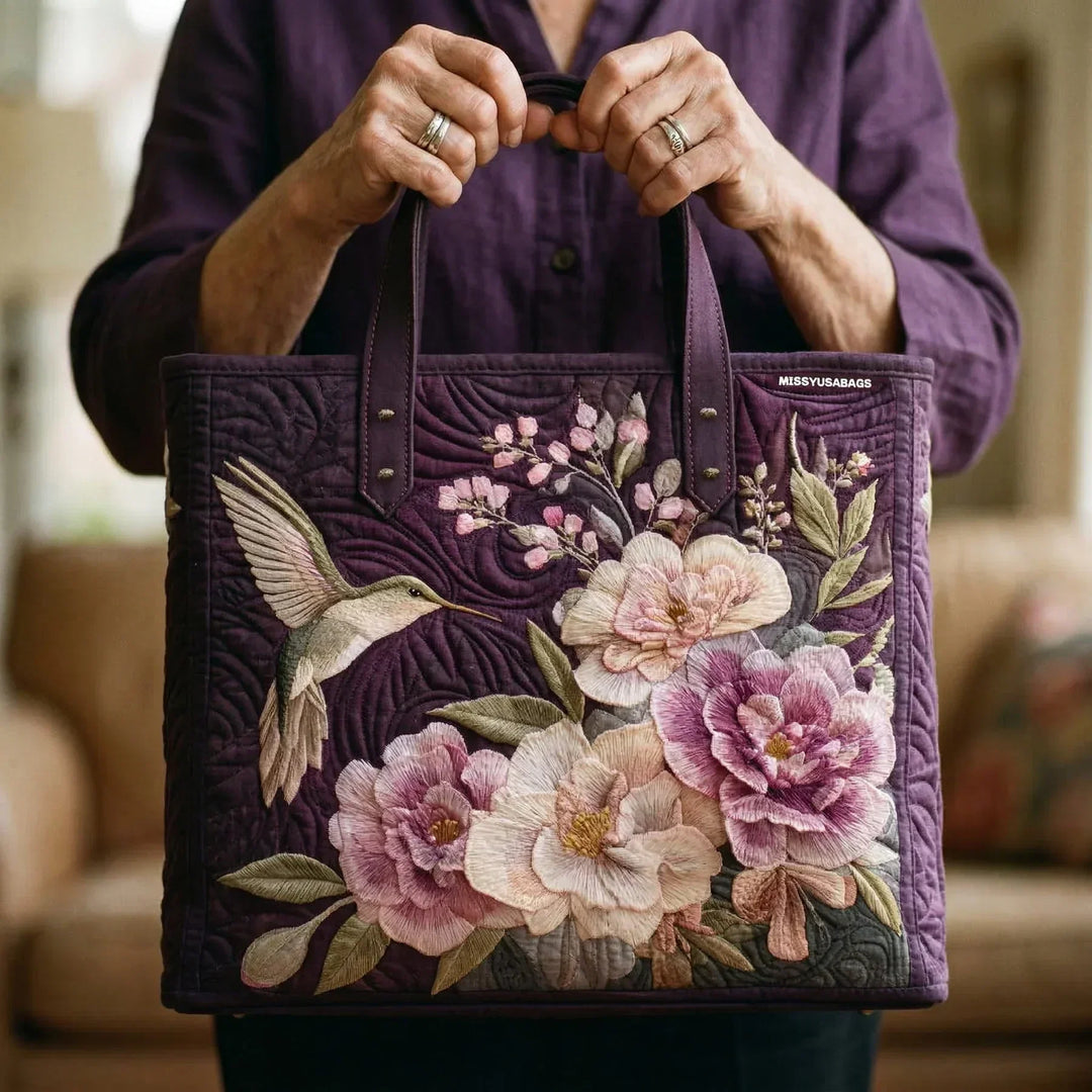 Handcrafted Quilted Tote Bag – Hummingbirds and Orchids