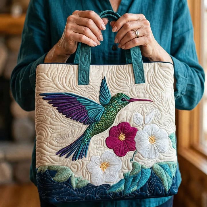 Quilted Tote Bag – Hummingbird and White Flower