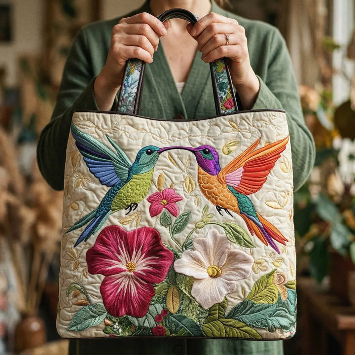 Quilted Tote Bag – Hummingbird and White Flowers