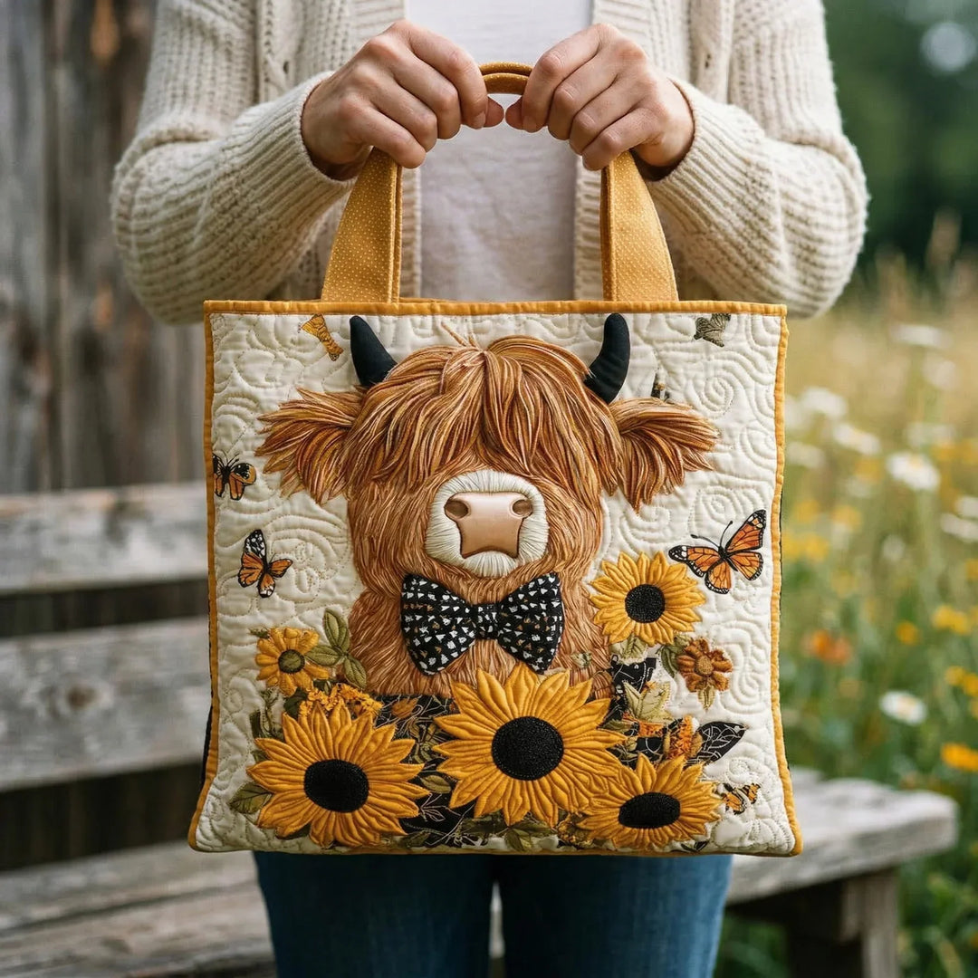 Quilted Tote Bag – Highland Cow with Sunflowers
