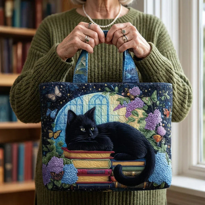 Handcrafted Tote Bag – Black Cat on Books